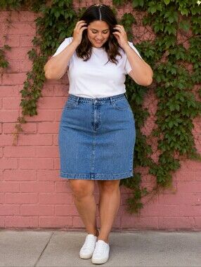 Vintage Cotton Ginny Plus Size 18: Classic Blue Denim Skirt - Casual